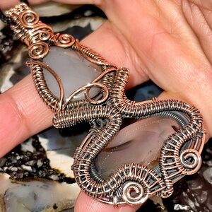 Copper Wire-Wrapped Montana Fire Agate & Dendritic Agate Pendant 3 1/4”